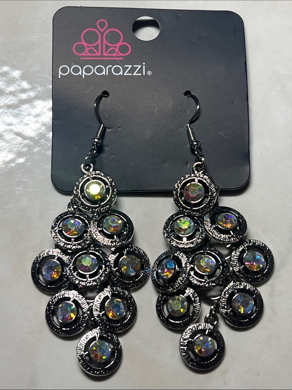 Paparazzi Silver Dangle Earrings with Iridescent Stones
